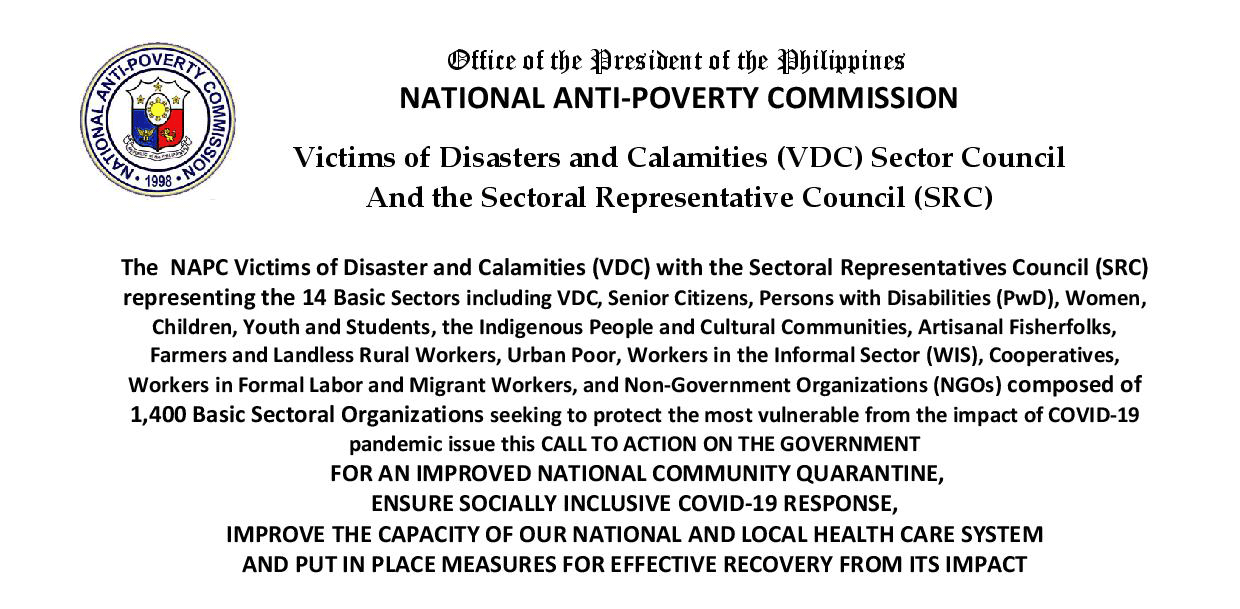 Read more about the article NAPC-VDC with SRC’s Resolution on COVID-19 for NDRRMC: Call to Action on the Government for Improved National Community Quarantine on COVID-19 Response