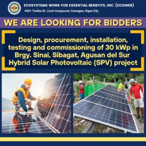 Read more about the article Design, procurement, installation, testing and commissioning of 30 kWp in Brgy. Sinai, Sibagat, Agusan del Sur Hybrid Solar Photovoltaic (SPV) project
