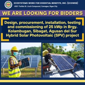 Read more about the article Design, procurement, installation, testing and commissioning of 25 kWp in Brgy. Kolambugan, Sibagat, Agusan del Sur Hybrid Solar Photovoltaic (SPV) project