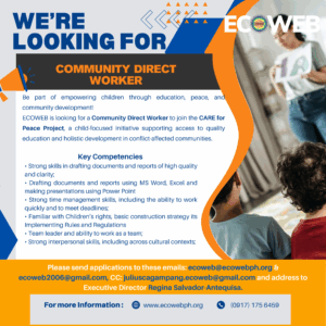 Read more about the article ECOWEB CALL FOR APPLICANTS FOR OPEN POSITIONS OF THE Children in Action for Resilience, Education, and Peace (CARE for Peace) Project